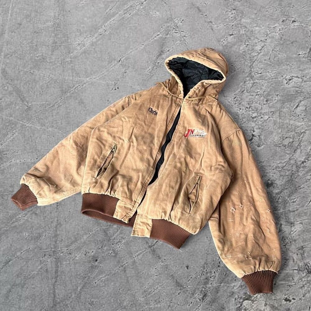 TriMountain carhartt style vtg y2k workwear distressed duck canvas jacket hoodie